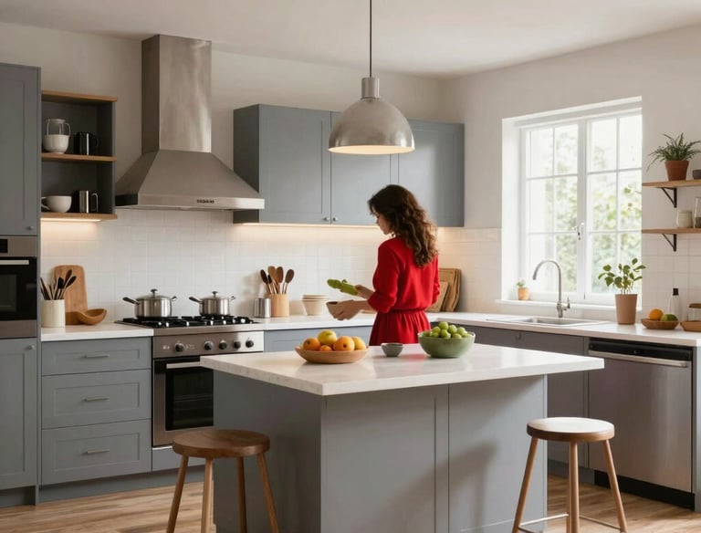 A cozy living room with sunlight streaming through large windows, showcasing a welcoming home.