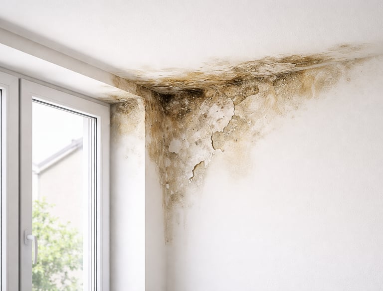 Humedad por filtración en esquina de pared y techo cerca de una ventana