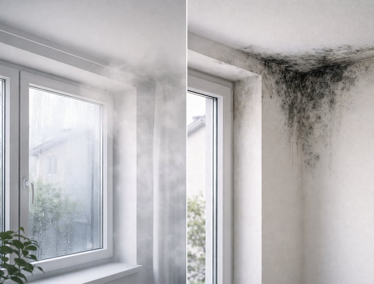 Condensación en ventana y moho superficial en pared interior de una vivienda