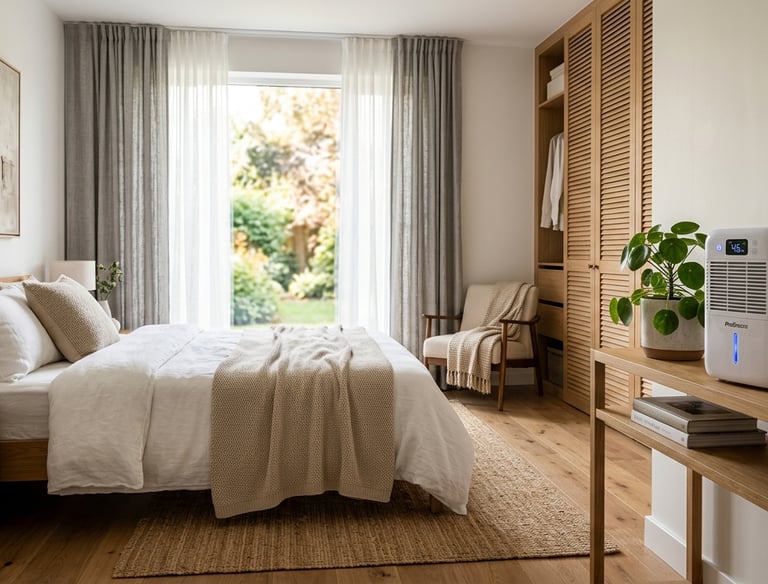 Deshumidificador en dormitorio para reducir la humedad de una habitación