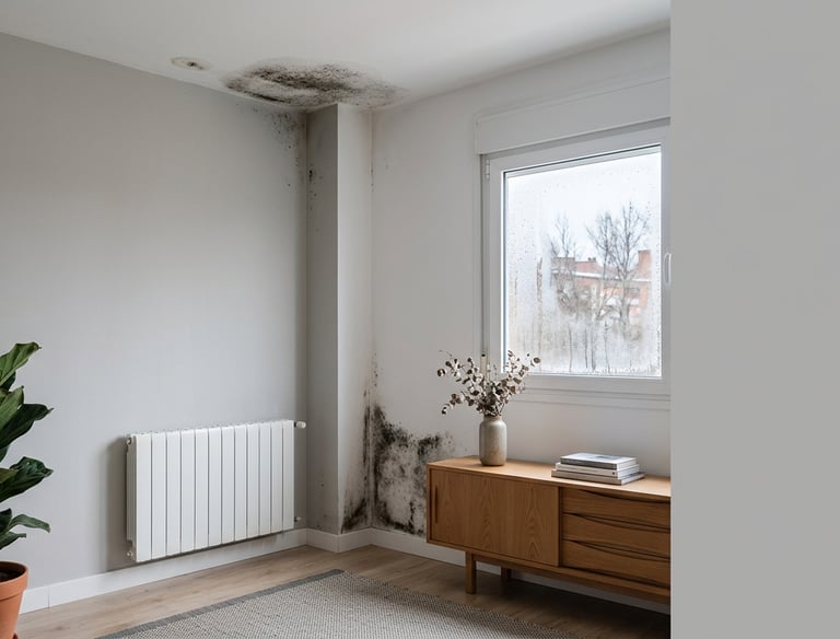 Humedad por condensación en esquina de pared y techo junto a ventana