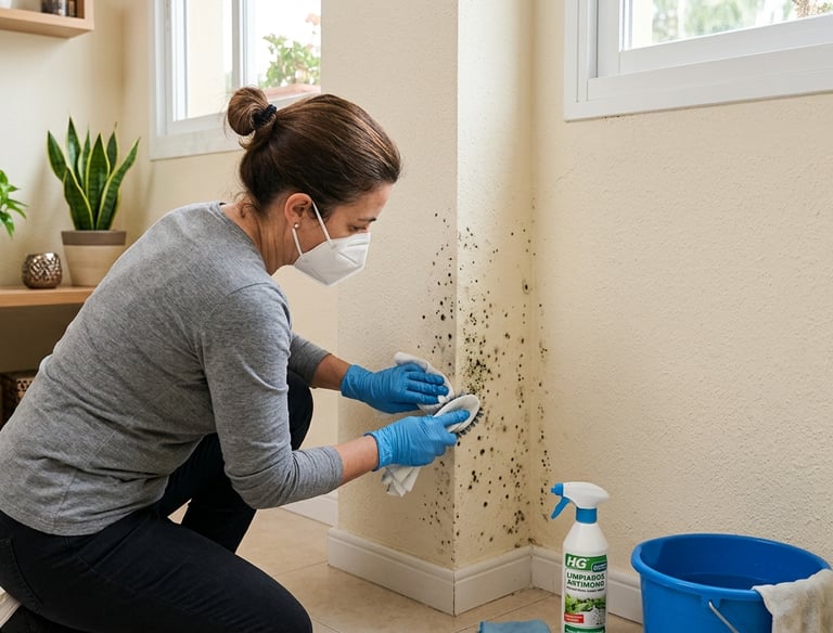 Limpiar moho en pared de una habitación afectada por humedad