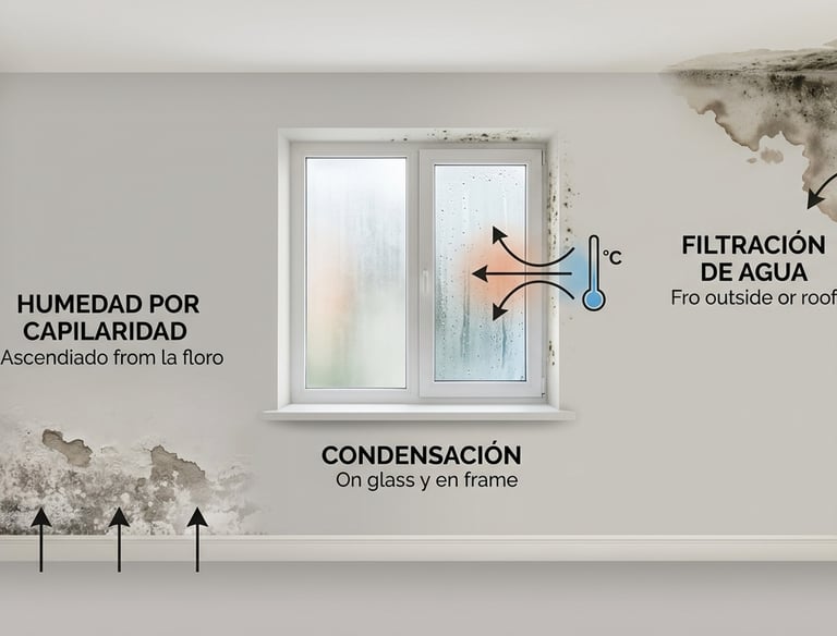Esquema comparativo entre humedad por capilaridad, condensación y filtración