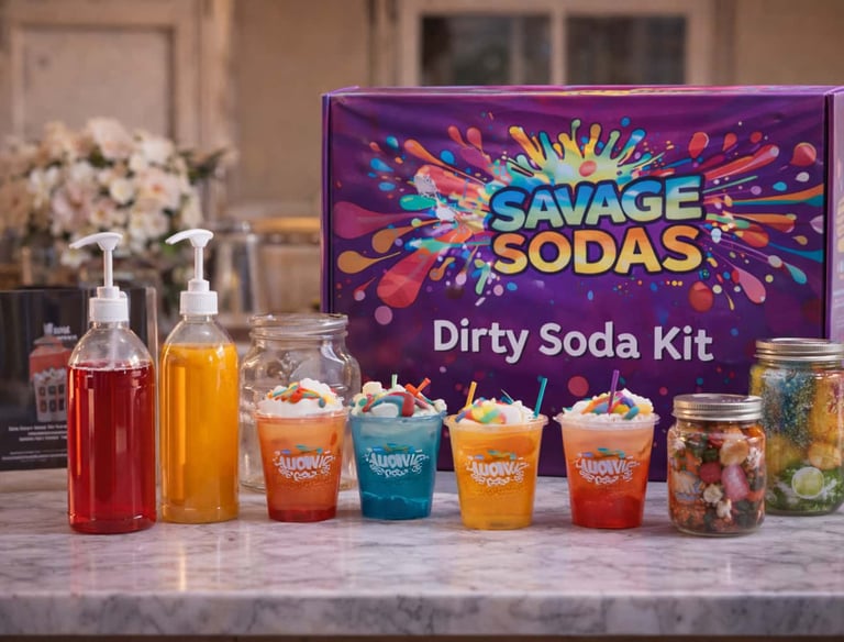 Savage Sodas dirty soda kits featuring syrups, toppings, and customizable soda ingredients
