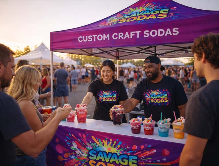 Savage Sodas pop-up booth serving custom dirty sodas at a public event with staff and festival crowd