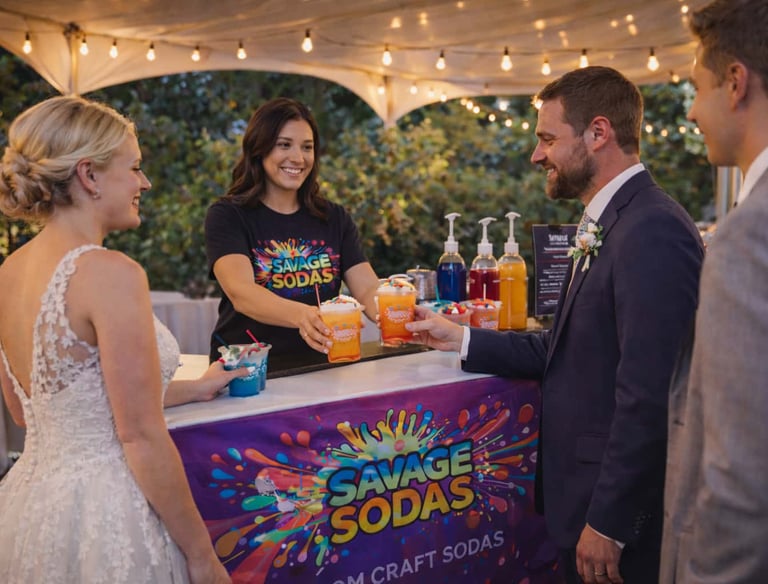 Savage Sodas soda bar rental serving custom dirty sodas at a private wedding celebration