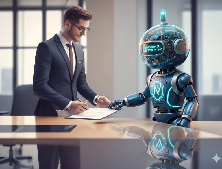 Professional businessman signing a legal document assisted by an AI robot for automated contract val