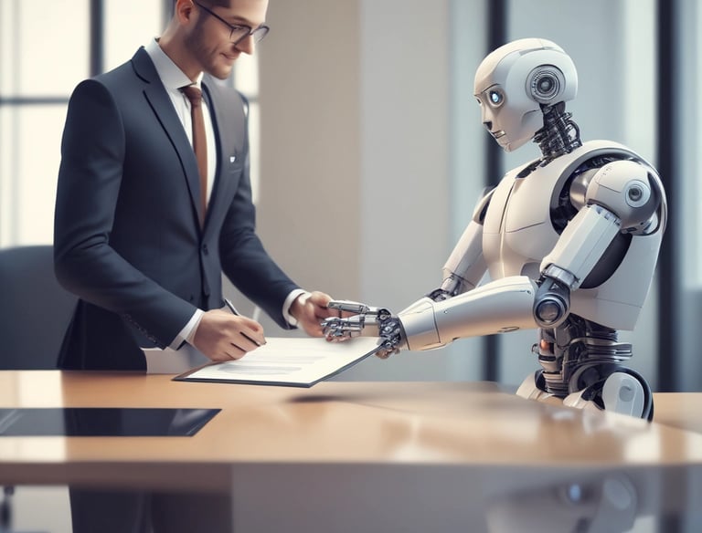 A businessman in a suit signs a contract held by a humanoid robot in a modern office.