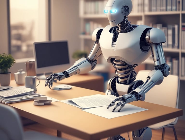 A white humanoid AI robot sitting at a desk in an office workspace reading documents for automated data processing.