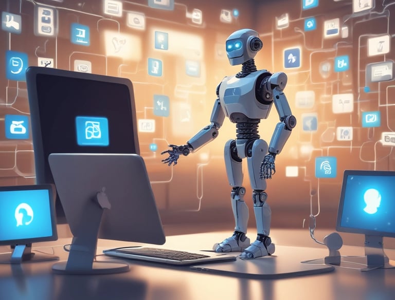 AI robot interacting with computer monitors and glowing digital data icons in a futuristic workspace.