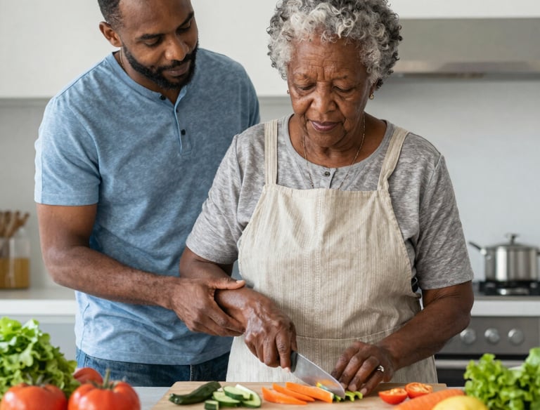 A warm kitchen scene with fresh ingredients and a simple meal being prepared.