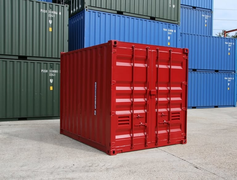 Small red steel shipping container in a shipyard with stacked blue and green cargo containers.