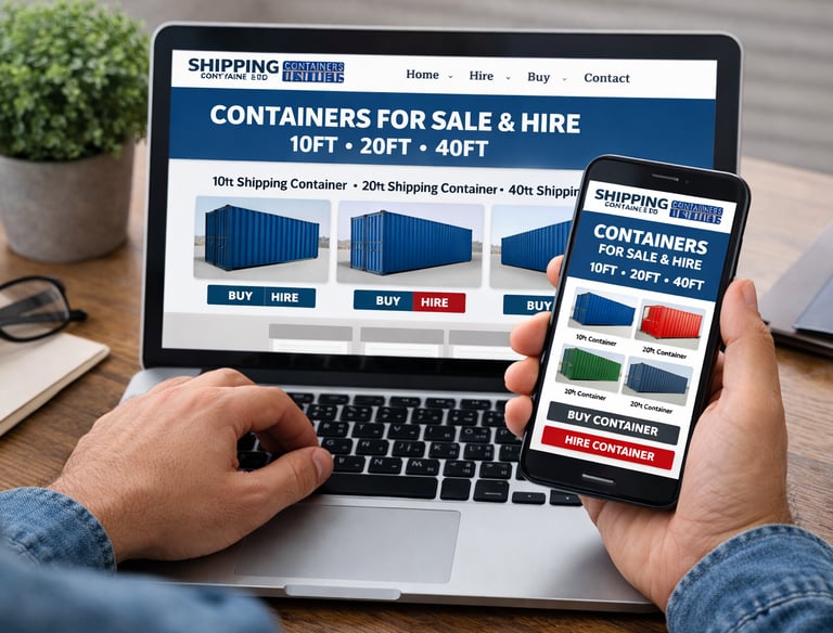 A person browsing a website for shipping containers for sale and hire on a laptop and smartphone.