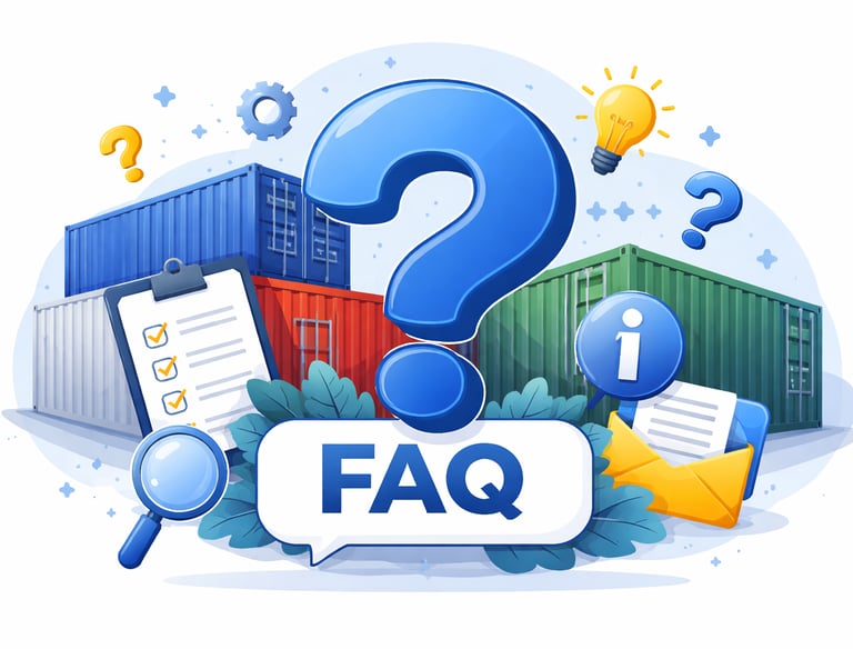 FAQ illustration for shipping logistics featuring cargo containers, a large question mark, and a checklist.