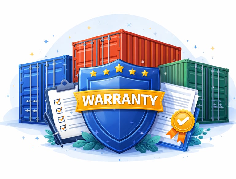 Shipping container warranty concept with a blue shield, clipboard, and colorful cargo containers.