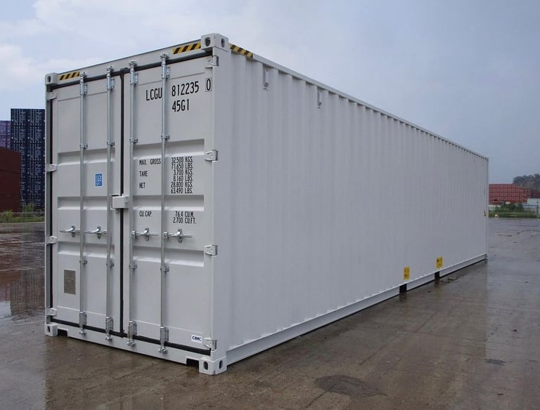 White 40-foot high cube shipping container for cargo storage and logistics.