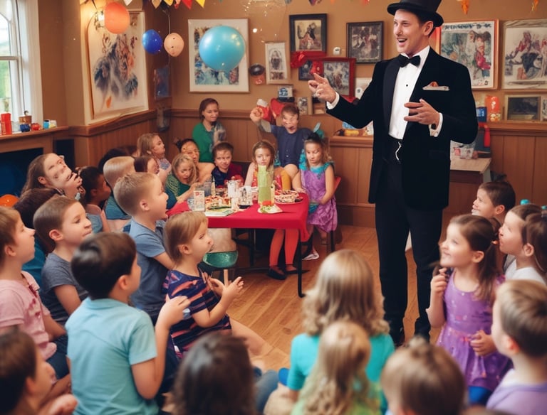 A smiling magician performing a birthday magic show with balloons and happy children around.