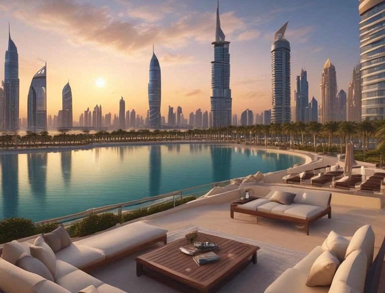 a couch with a table and chairs in front of a cityscapeople