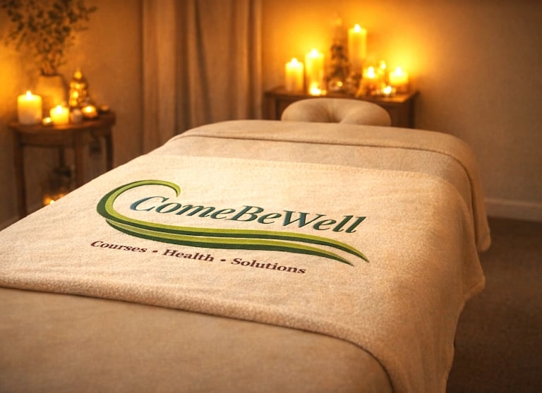 Candlelit healing room with a massage table draped in softness, inviting rest and renewal