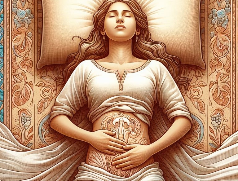 Resting woman with symbolic organ illustration on her abdomen