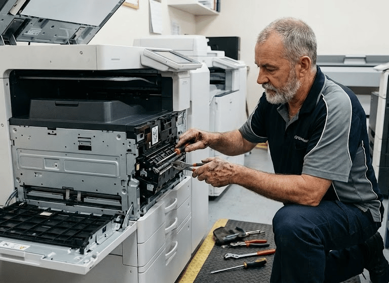 a man in a black shirt is working on a printer