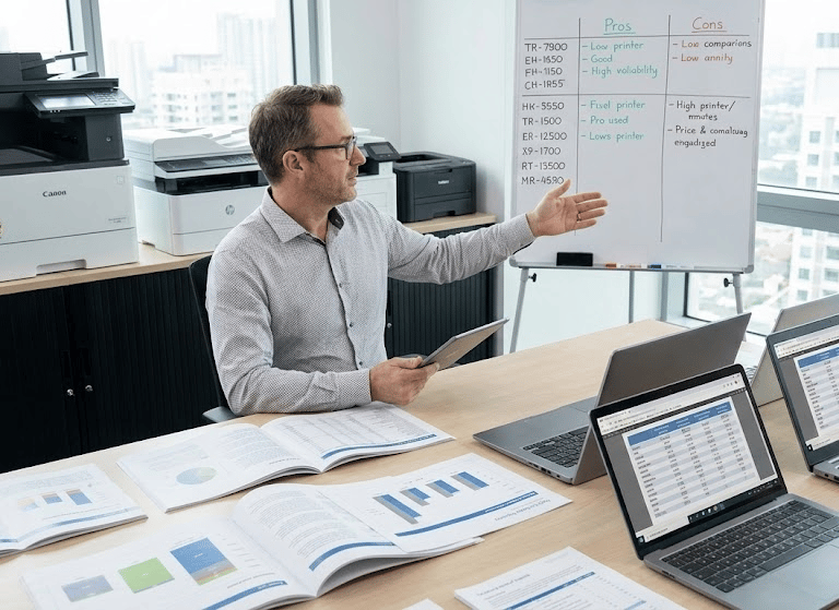 a man in a gray shirt is standing in front of a white board with a