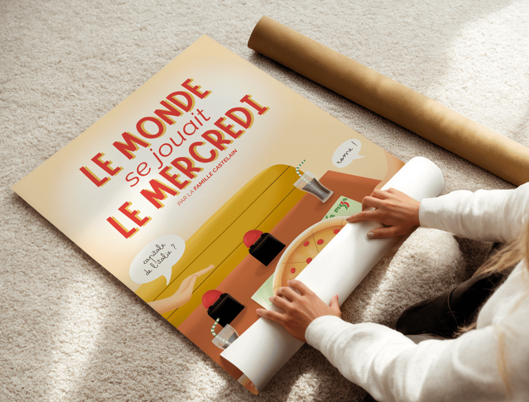 Illustration affiche personnalisée, souvenir famille à la pizzeria