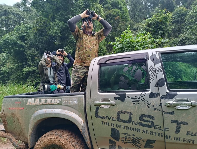 a man in camouflage gear is guiding tourist looking at wildlife 