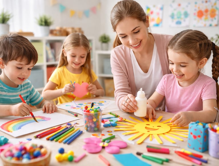 Maestra animando a niños a explorar su creatividad