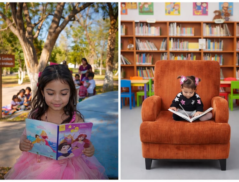 Niñas leyendo libros en un sillón de biblioteca y en un parque al aire libre