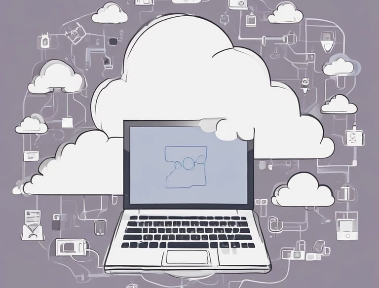 Futuristic cloud computing graphic with data streams and neon effects.