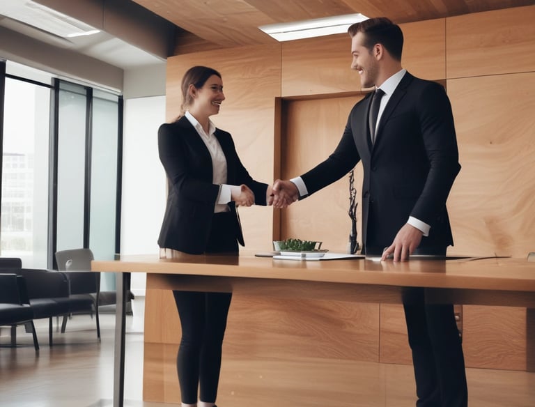 A consultant advising a business team on administrative strategies in a modern office.