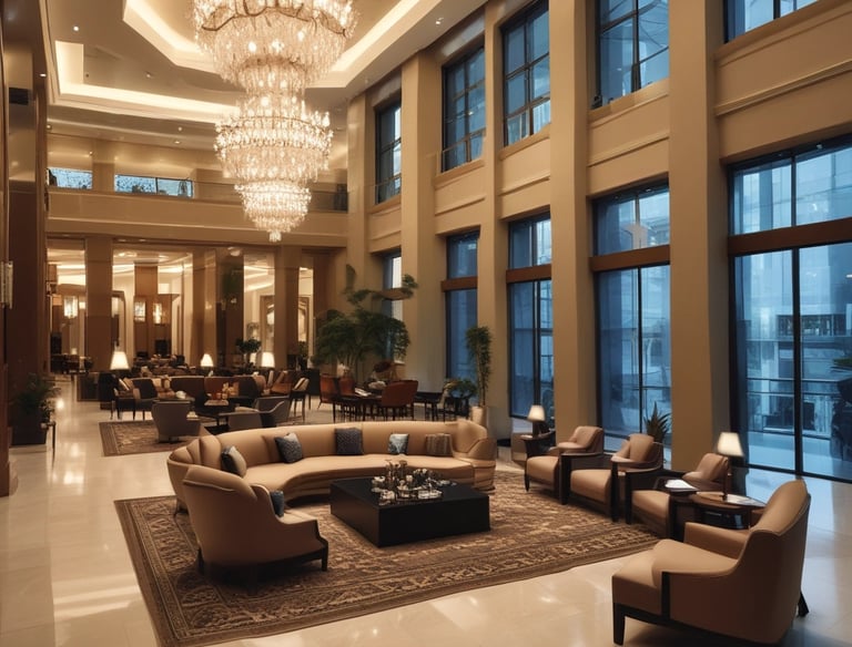 A hotel manager inspecting hotel facilities with staff in a welcoming environment.