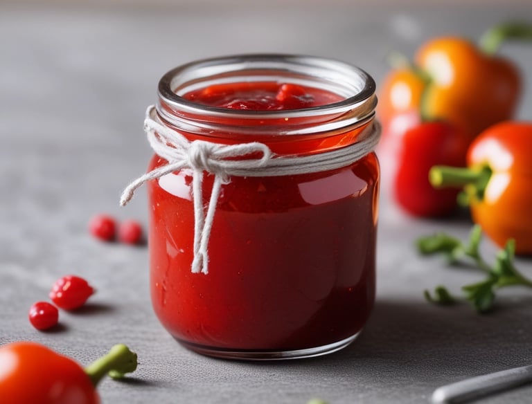 Close-up of a jar of homemade Italian pepper jam with fresh peppers around.