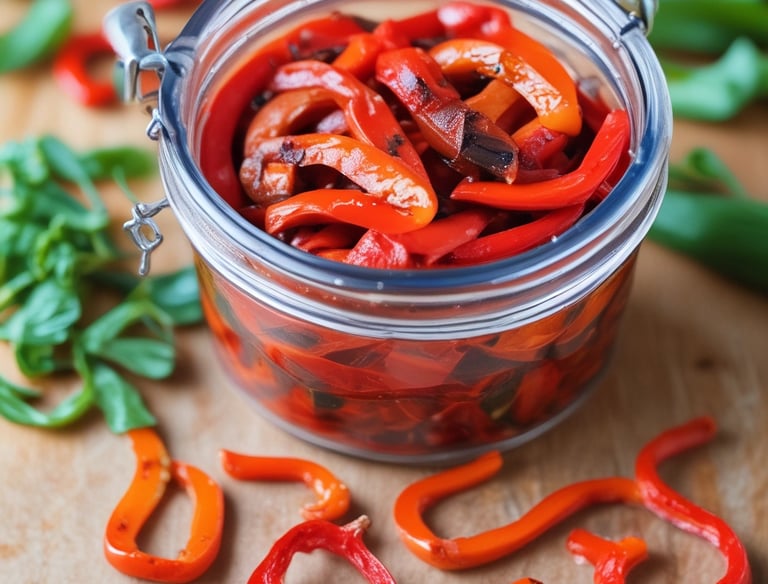 Rustic jars of roasted peppers and tomato sauce on a wooden table.