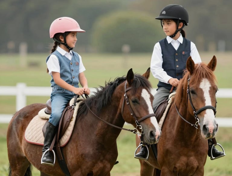 Children happily participating in summer camp activities around the stables.