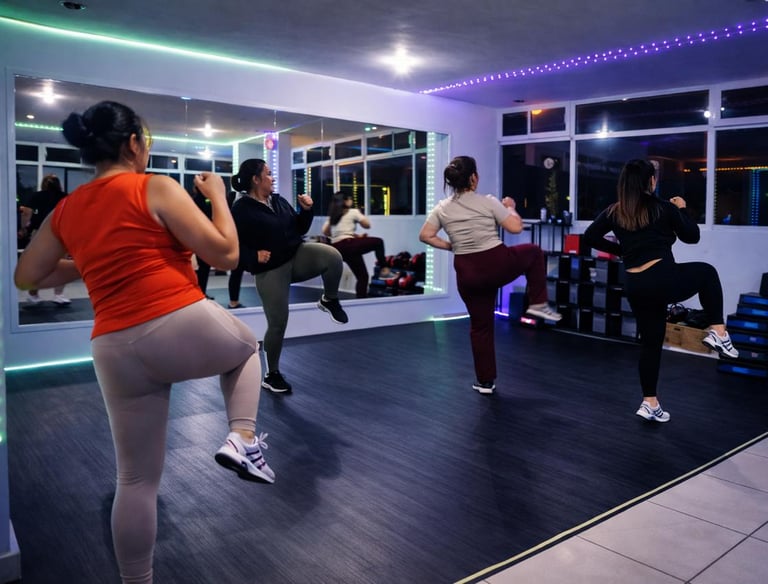 Grupo de mujeres participando en una clase de aeróbicos de alta energía en un gimnasio moderno