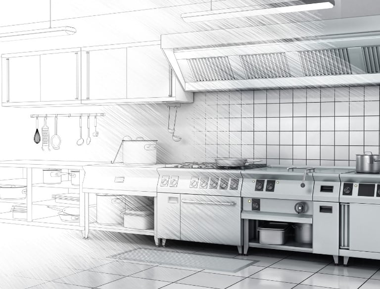 A pencil sketch transitioning into a 3D render of a modern commercial kitchen design with stainless steel appliances.