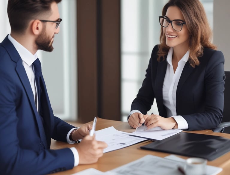 A professional recruiter interviewing a candidate in a modern office setting.