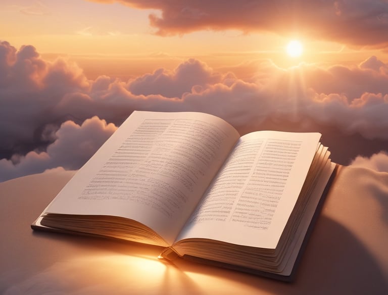 A serene open book glowing softly under warm sunlight.