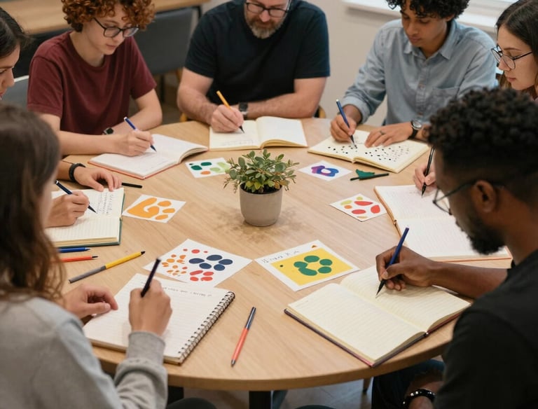 Corporate wellbeing session image of employees writing in a journal around a table