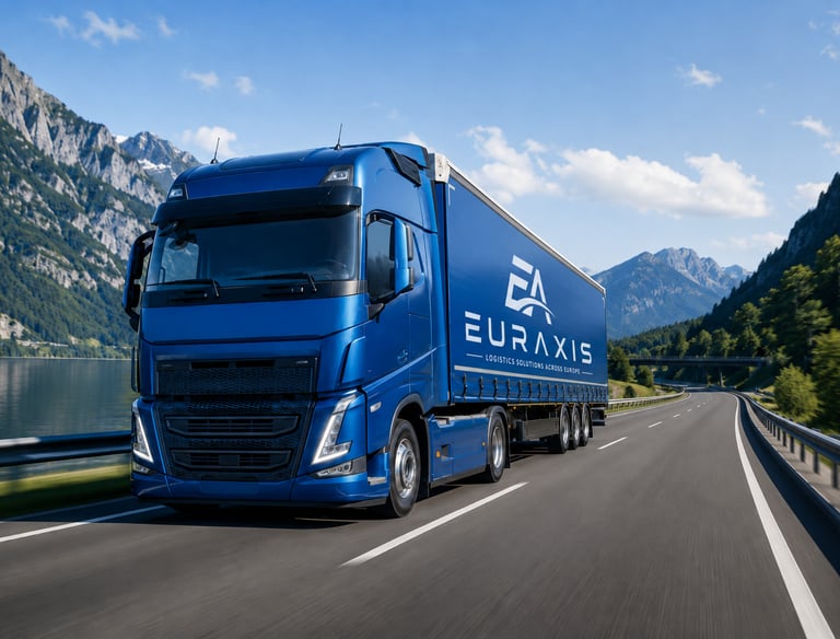 EURAXIS krovininis vilkikas kalnų kelyje – patikimas tarptautinis krovinių transportavimas  EN: