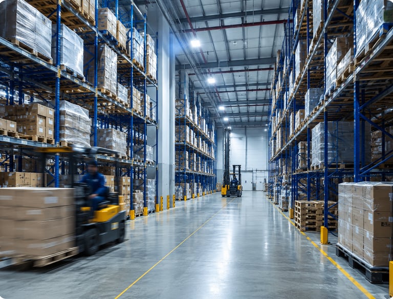 Modernus logistikos sandėlis su krautuvu – krovinių sandėliavimas ir distribucija