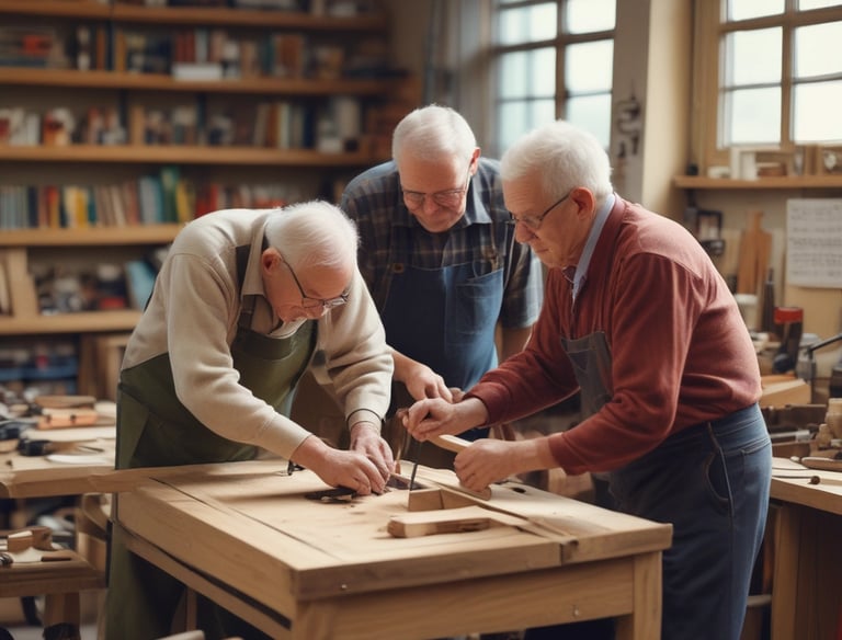 Community members sharing ideas around a large workbench filled with materials and sketches.