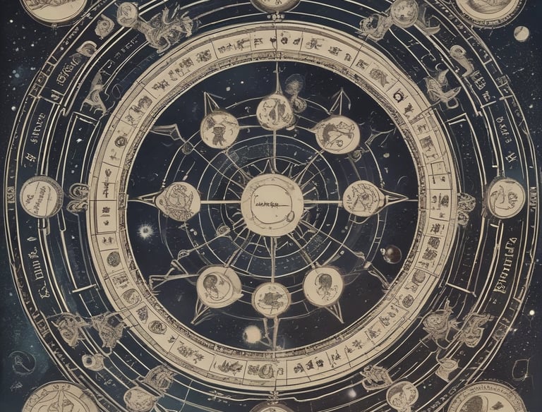 A symbolic astrological chart overlaid on a starry cosmic background.
