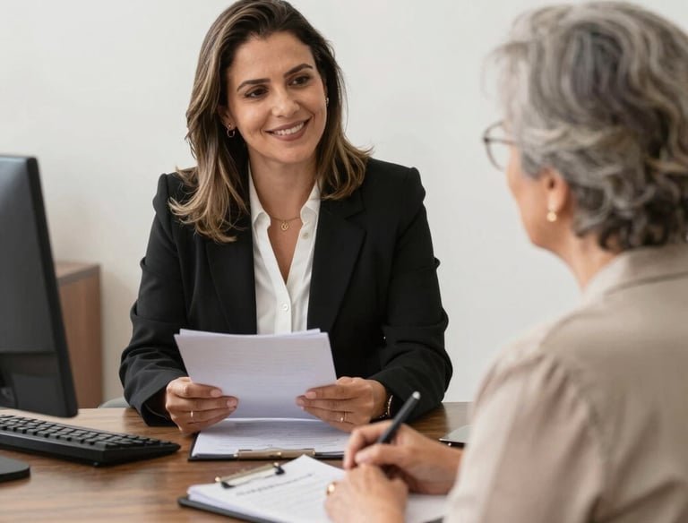 A professional lawyer consulting with a client over social security documents in a cozy office.