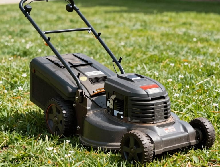 A freshly mowed green lawn with neat edges under a bright sunny sky.