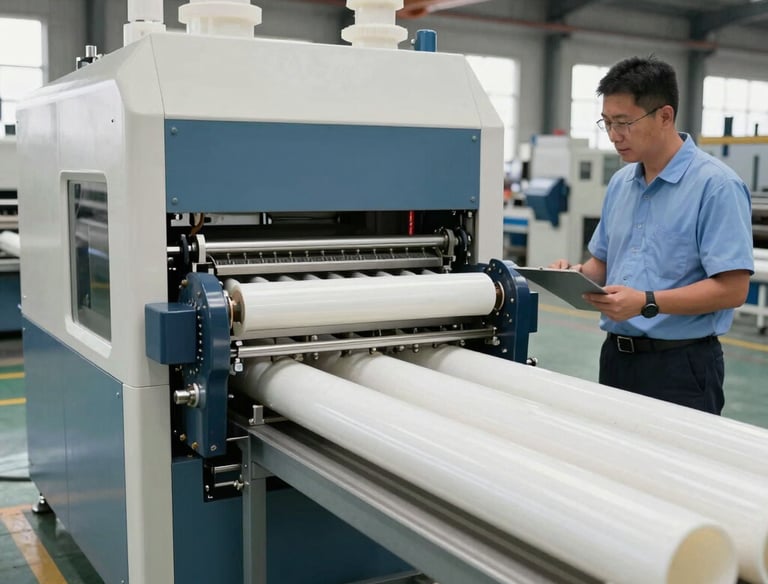 Technicians inspecting and fine-tuning advanced plastic processing machinery.