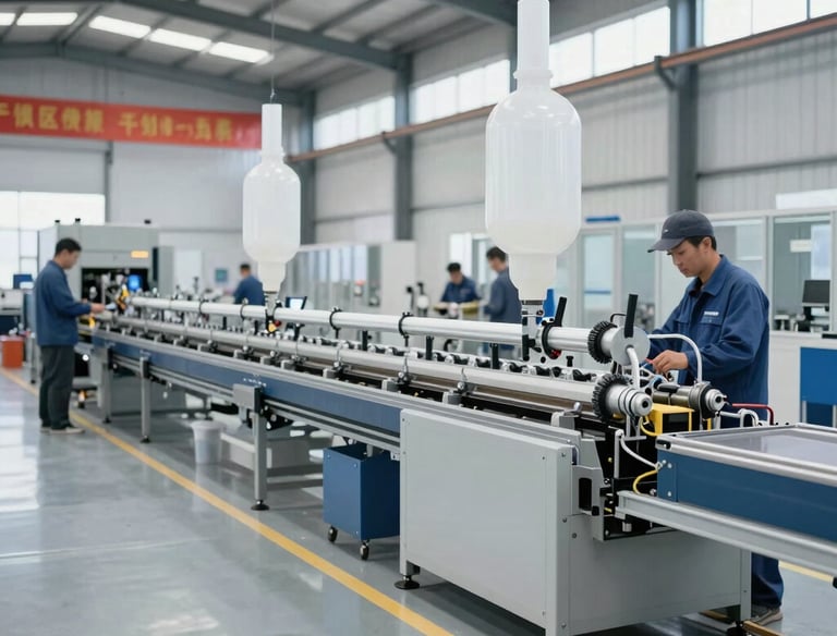 Detailed shot of a fully assembled PVC production line in a bright industrial facility.