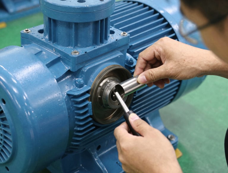 Technician inspecting a large industrial motor in a factory setting.